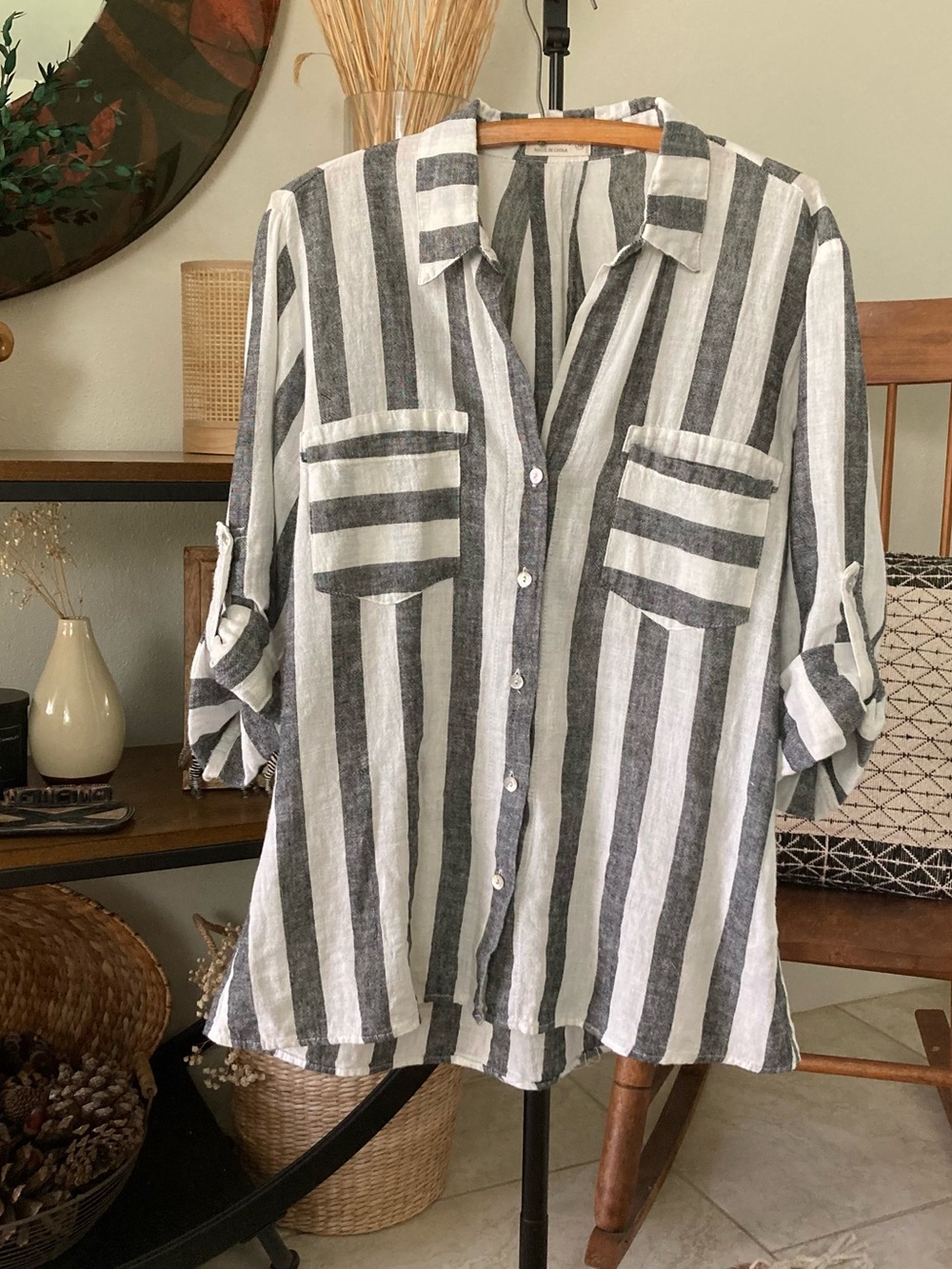 Linen & Cotton Stripe White and Gray Button-Down Shirt by Just Living
